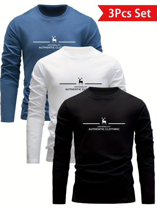 Men's 3-piece cotton long sleeve t-shirts with deer print, ideal for sports and outdoor activities.