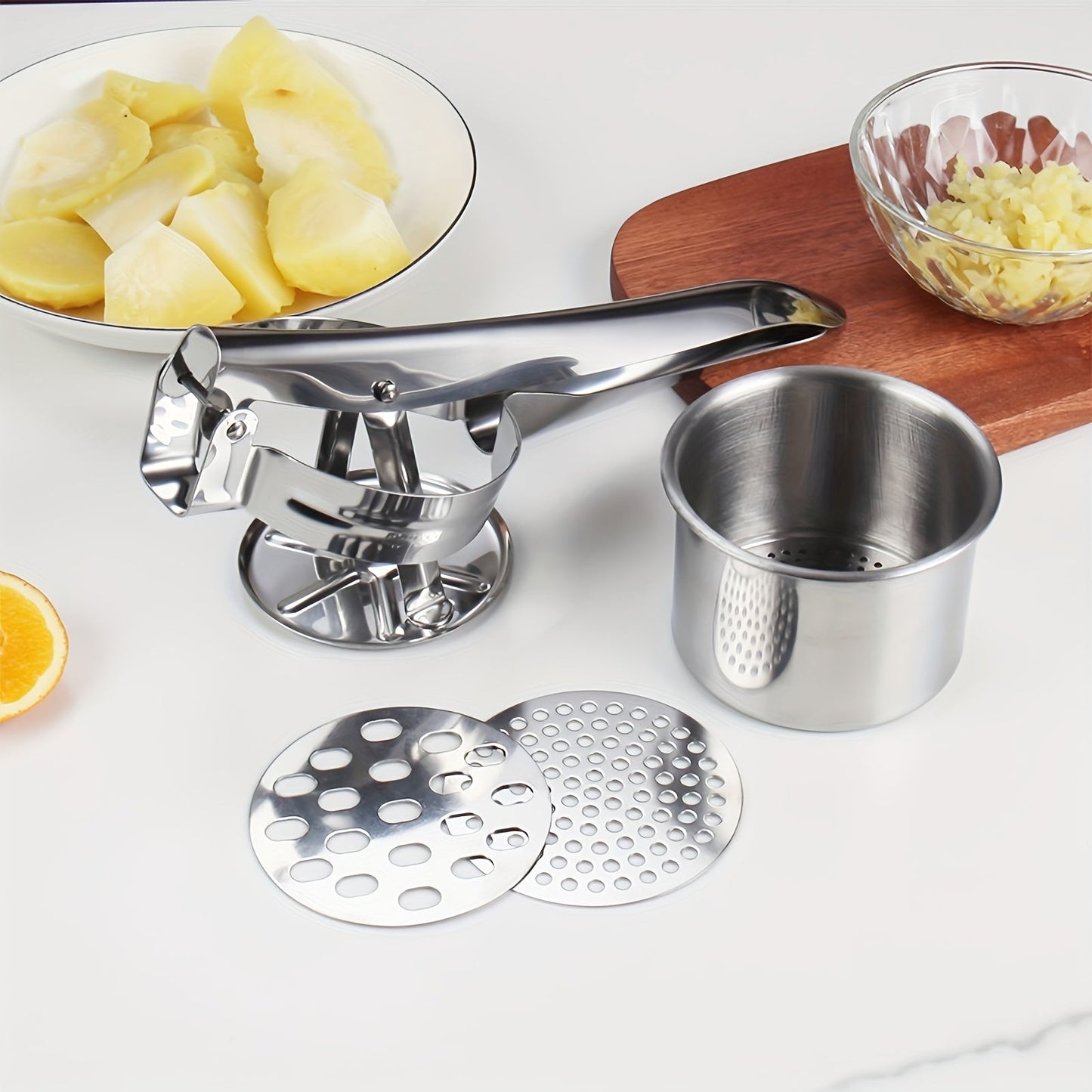 Stainless Steel 3-in-1 Potato Puree Press and Lemon Juicer with Non-Slip Handle - Multi-Function Kitchen Tool for Mashing Potatoes, Juicing Lemons, and Crushing Vegetables