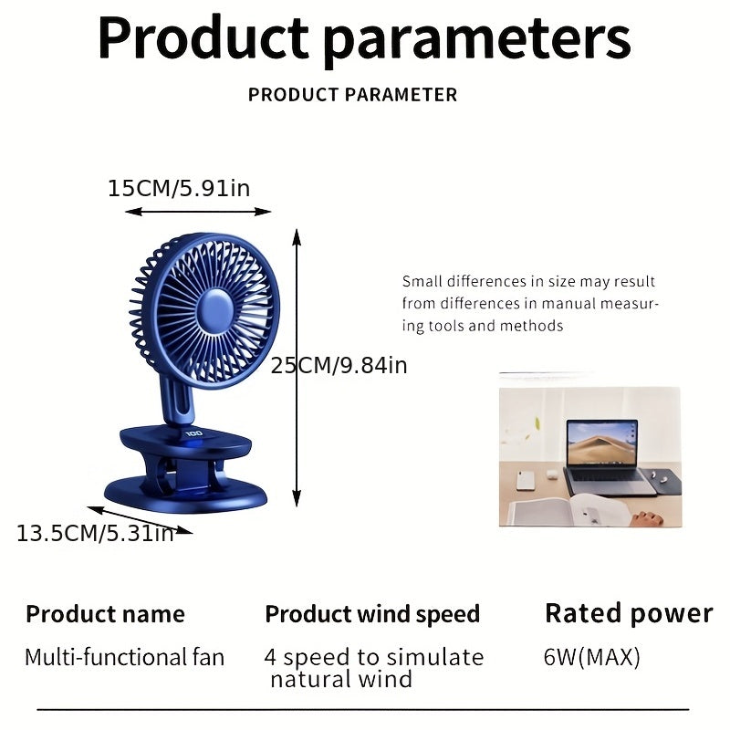 A versatile USB fan perfect for camping and outdoor activities, this desktop fan can be clamped or stood on a surface. With a shaking head function and built-in large capacity battery, it provides convenient cooling wherever you go.