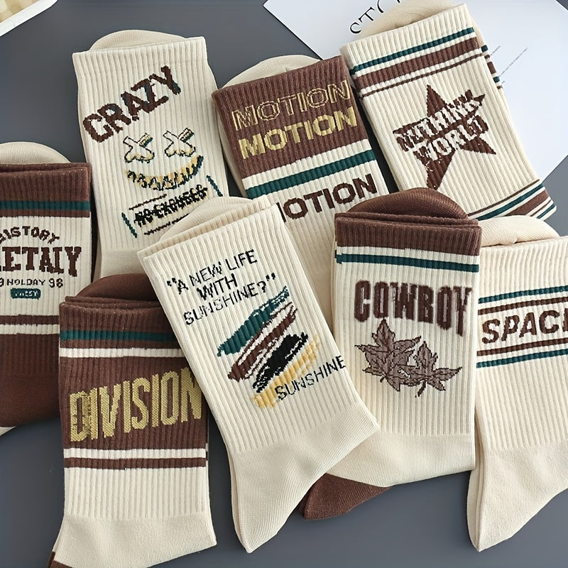 5-pack men's socks with vintage American style, comfortable and breathable. Made of a cotton blend with polyester and spandex. Hand wash only. Features a letter pattern, knit fabric, and