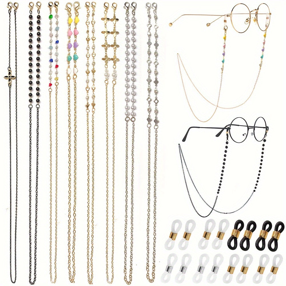 Set of 8 assorted styles glasses chains for both women and men, featuring a trendy anti-slip design. These eyeglass chains also double as a lanyard strap for masks, making them a versatile accessory for your face covering and eyewear retention needs.