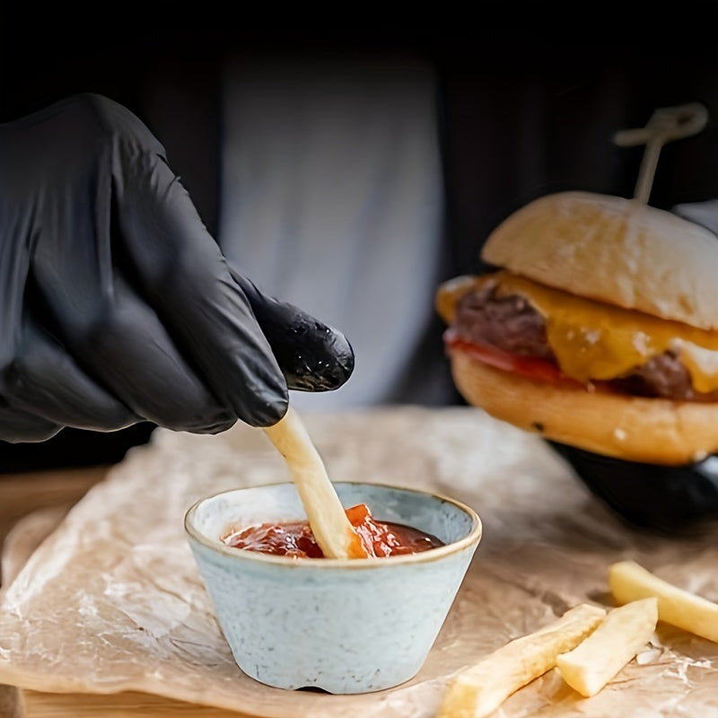 These black nitrile gloves are FDA compliant and safe for food handling. They are ambidextrous, waterproof, and free of powder and latex. These disposable gloves are thick and perfect for use in cooking, catering, baking, kitchen, and car maintenance.