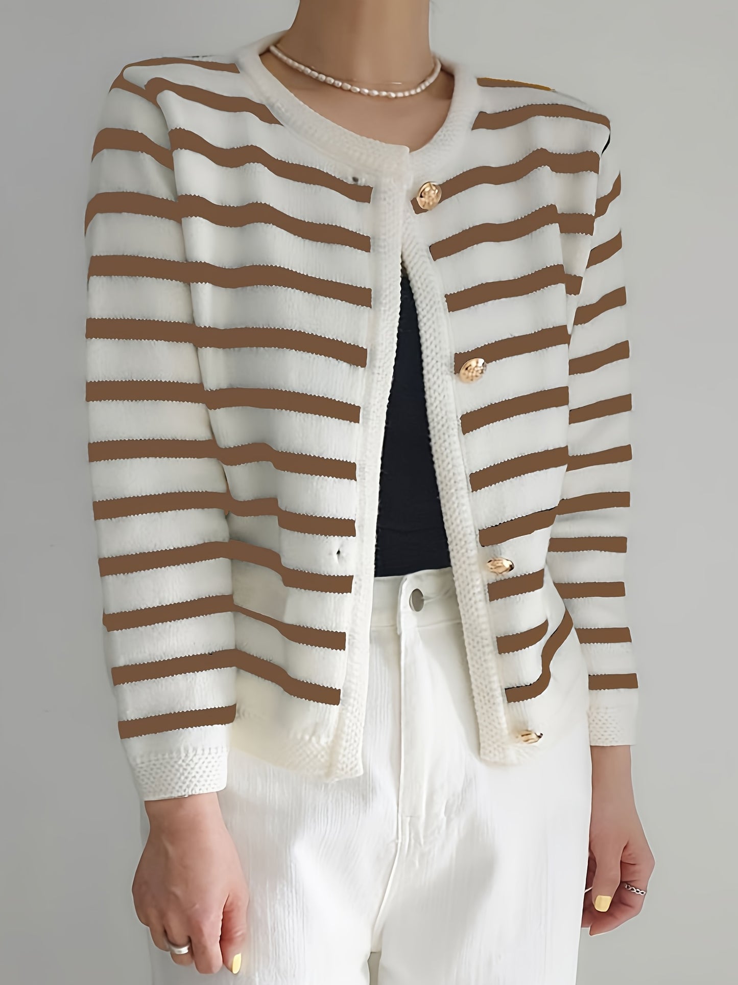 Stylish Striped Knit Cardigan for Women, ideal for Fall layering with button front and long sleeves. Made from high-stretch fabric.