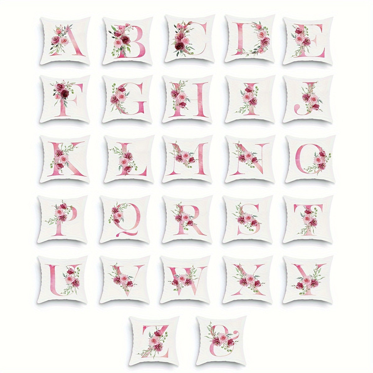 18x18 inch Alphabet Floral Pillow Cover featuring A to Z English Letters in pink print. Ideal for adding a contemporary touch to sofa, living room, or bedroom decor. Single-sided printing, insert not included.