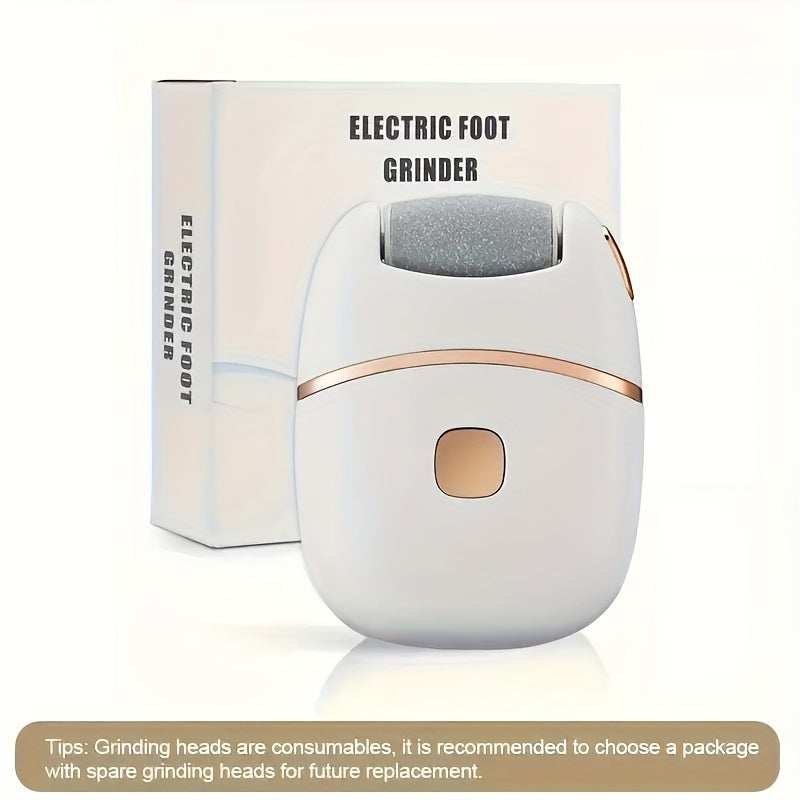 Rechargeable electric foot grinder with lithium battery, hypoallergenic plastic material, USB charging, portable tool for thick skin polishing.