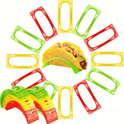 Taco holder set includes 3, 6, 12, and 18pcs, colorful and reusable. Can also be used as pancake rack or tortilla holder. A handy kitchen gadget.