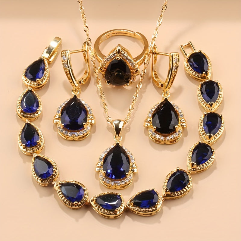 Exquisite 5-Piece Teardrop Jewelry Set including Earrings, Necklace, Pendant, and Ring - Crafted with Synthetic Stones, 18K Gold Plated Copper adorned with Zirconia - Ideal for Everyday Wear and Special Occasions like Weddings, Thanksgiving - A