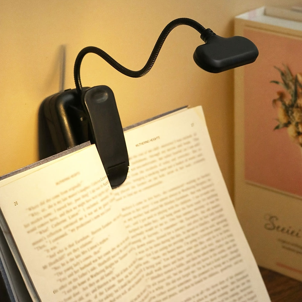 1 portable clip reading lamp with adjustable arm for night reading, desk or desktop use. Battery operated for reading at home.