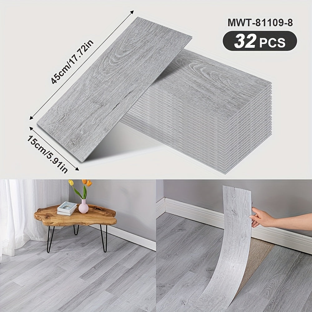 32 peel and paste floor tiles with wood grain design, 45cmx15cm, self-adhesive, waterproof, suitable for bedroom and home decor.