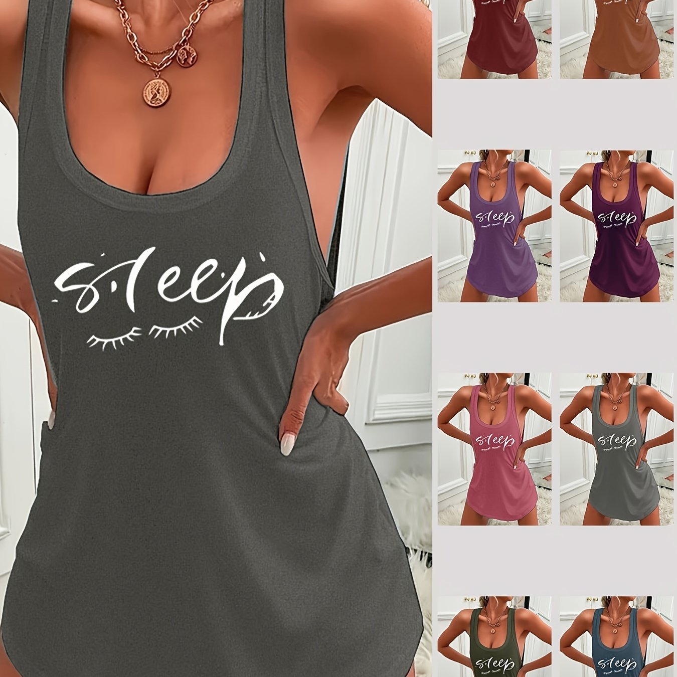 Women's casual sleep tank dress with "Sleep" print, made of lightweight polyester knit fabric for all-season comfort.