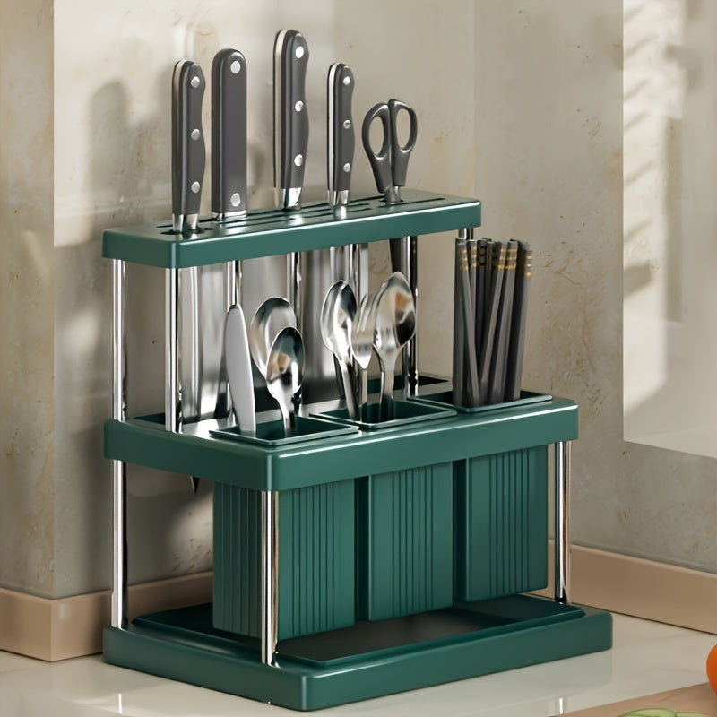 Space-Saving Metal Organizer for Cutlery and Cookware, with Multi-Functional Knife and Fork Storage Rack, Utensil Holder, and Draining System.