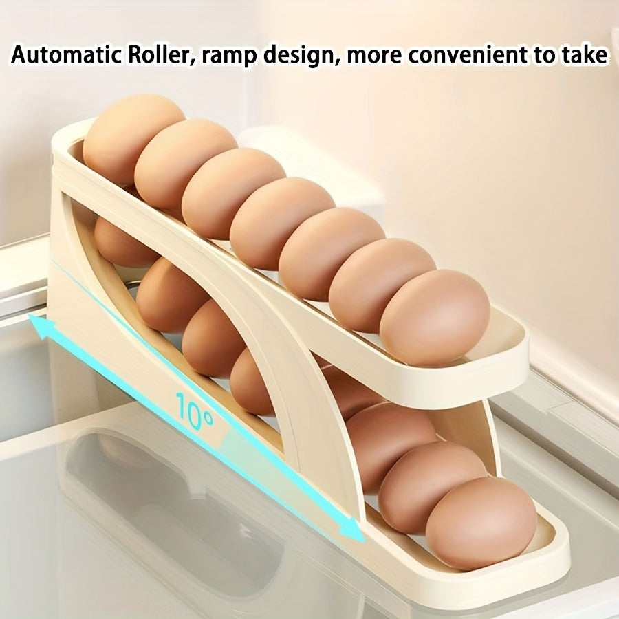 Refrigerator Rolling Egg Tray Holder with Slide Design, Kitchen Organizer for Easy Egg Storage. Automatic Rolling Egg Cooker for Convenient Cooking. Anti-Fall Egg Storage Box for Kitchen Table. Essential Kitchen Supplies.