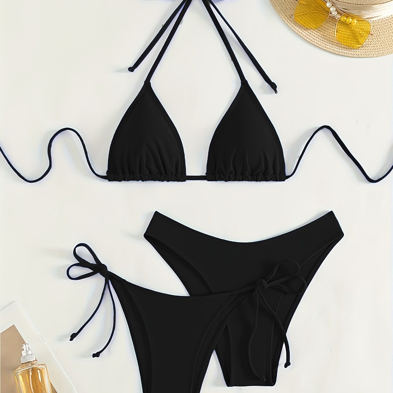 Solid color 3-piece bikini set with halter neck and backless design. Ideal for women's swimwear and clothing.