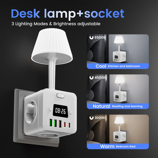 Multi-functional desk lamp with clock, surge protector, outlets, USB ports, adjustable brightness, and digital display. Perfect for home, office, or dorm use in black or white.