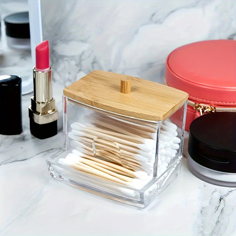 Clear acrylic swab holders with wooden lids for dust-proof storage of swabs, jewelry, powder puffs, beauty eggs. Can be used for household organization on dresser, desktop, or in bathroom, dorm room.