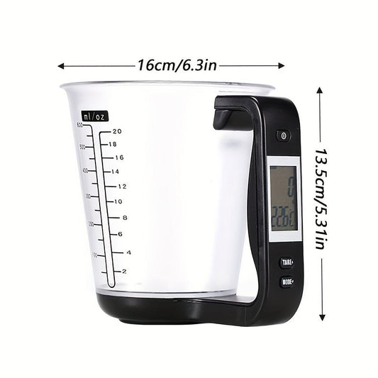 Digital kitchen scale with measuring cup, LCD display, leak-proof design for food and beverages, range of 1000g-1g, includes battery.