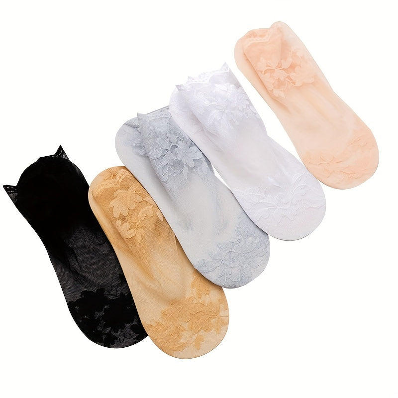 5 pairs of sheer lace mesh socks for women, lightweight and breathable.