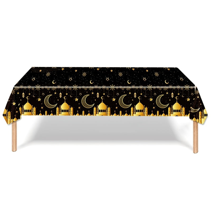 Eid Mubarak tablecloth for Islamic celebrations, featuring moon and star design in black and gold. 130x220cm machine-made plastic tablecover for Eid Al Adha and Ramadan Kareem parties.