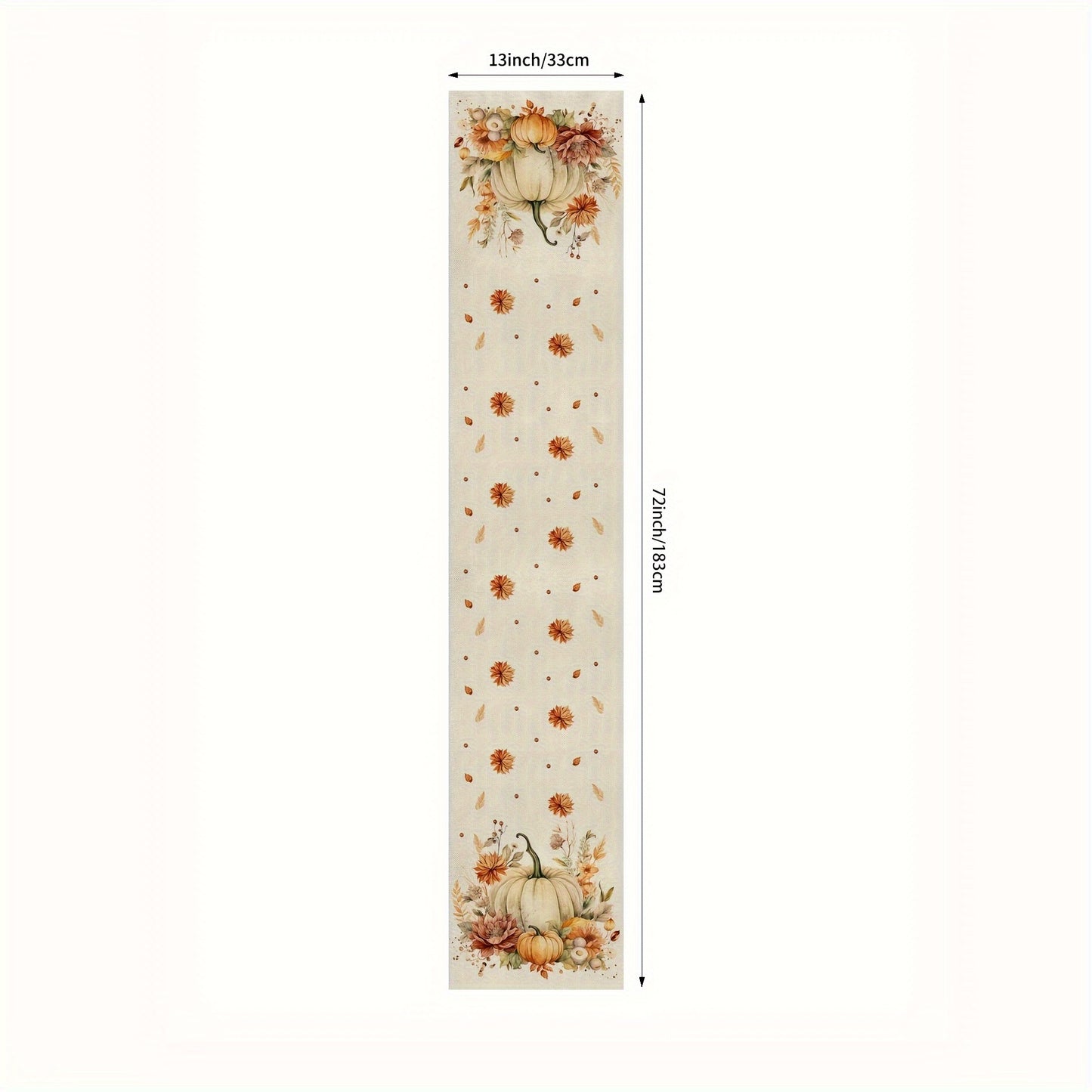 1 piece of Autumn Harvest Festival Linen Table Runner, 33.02cm x 182.88cm, Thanksgiving and Fall Season Decor, Pumpkin Design, Knit Fabric made of 100% Polyester. Ideal for Indoor and Outdoor Parties.