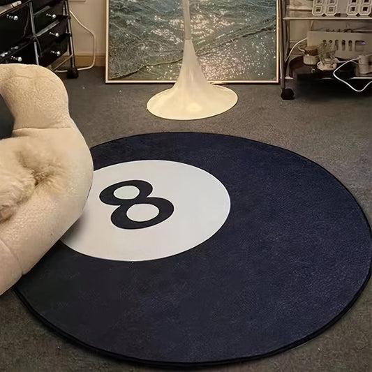 Elegant Black and White Billiards-Inspired Round Rug - Non-Slip, Stain-Proof Polyester Floor Mat for Bedroom, Living Room, or Office Decoration