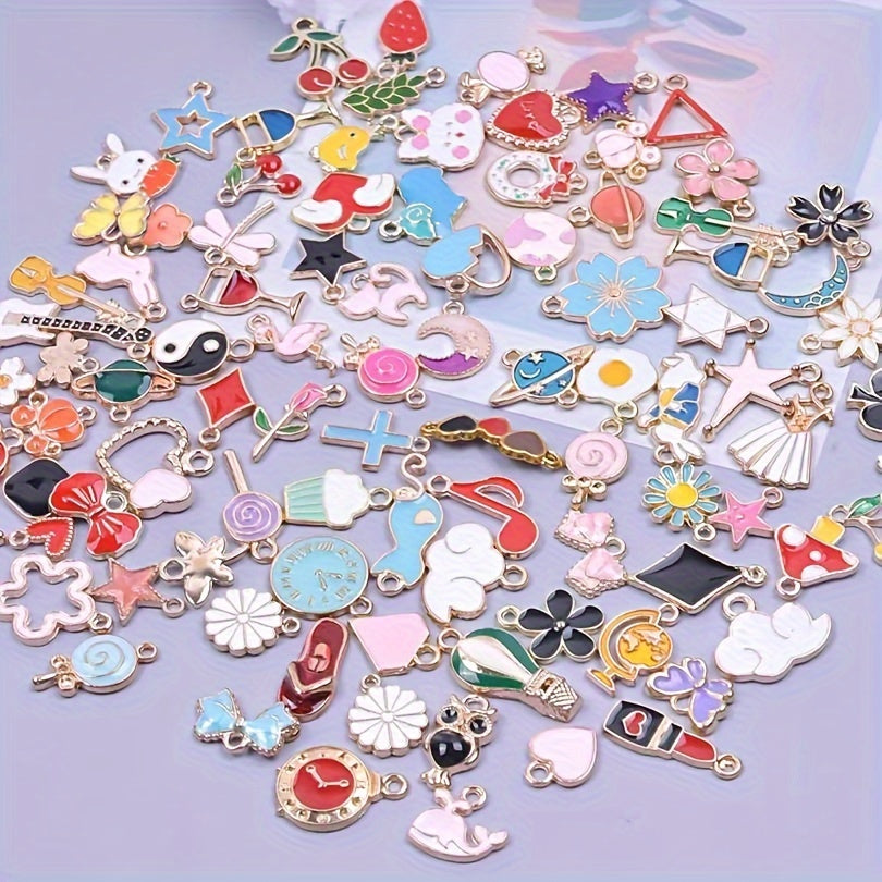 Assorted packs of cute floating charms available in quantities of 30, 50, or 100. Perfect for crafting jewelry or DIY lockets, with a variety of flowers and heart charms included.