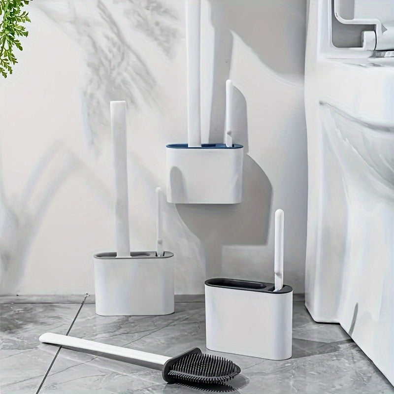 Silicone toilet brush set with wall mounting, space-saving long handle design. Includes 2 brushes and holder for versatile cleaning. Perfect for living rooms, bathrooms, toilets, and