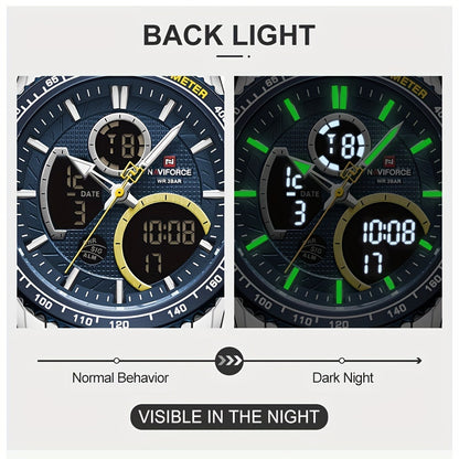 NAVIFORCE Men's Stainless Steel Wristwatch with Night Vision, Multiple Dials, Date Display - Durable and Stylish Timepiece for Outdoor Activities.