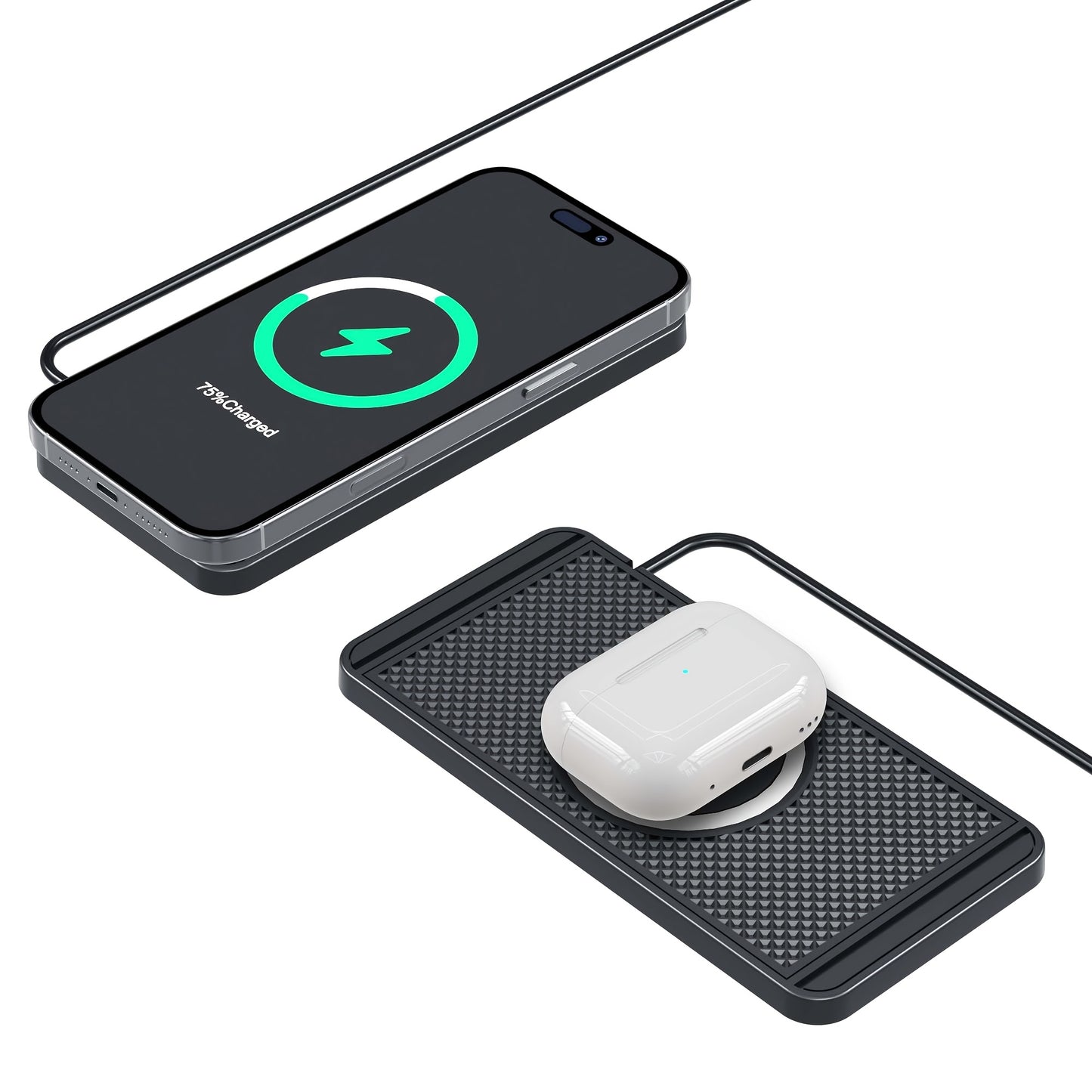 Rubber wireless car charger with 15w quick charging and anti-slip pad for mobile phones in car storage compartment.