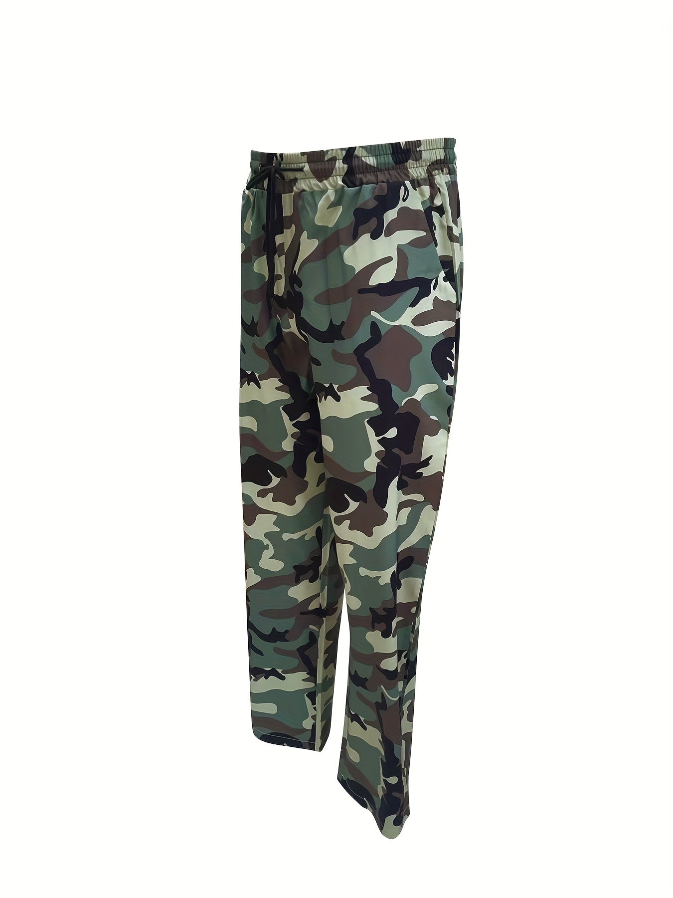 Plus Size Men's loose-fit athletic pants in camo print, made of machine washable polyester fabric.