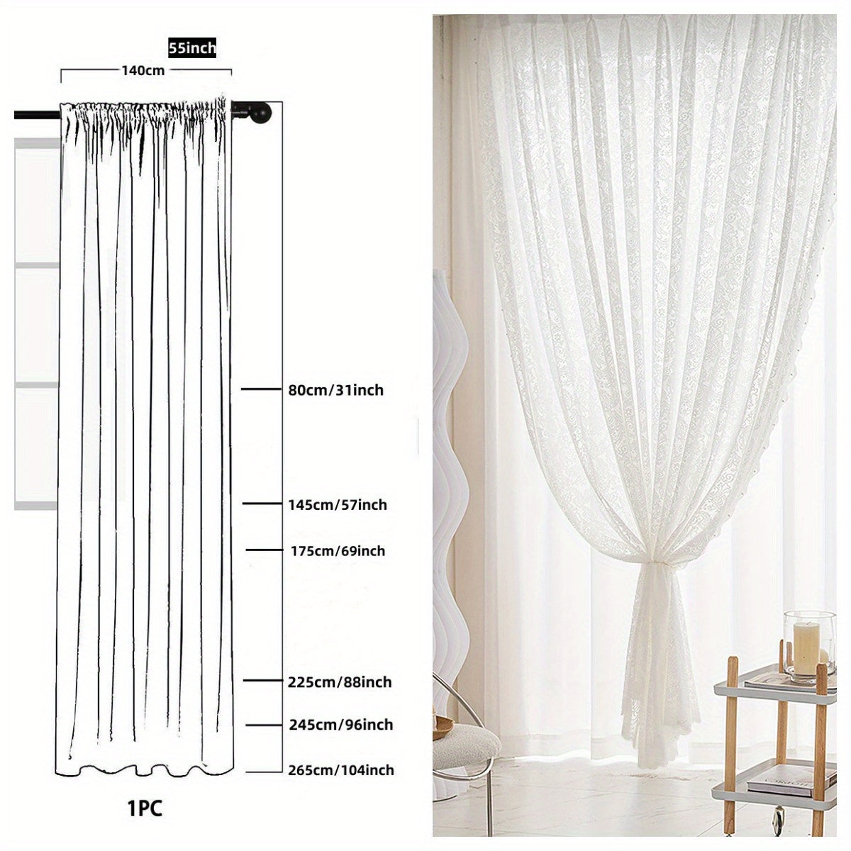 Sweet and romantic, this sheer curtain features a delicate bead lace small flower design in white. Perfect for adding a touch of softness and charm to your living room, bedroom, or dining room decor. This rod pocket curtain is also suitable for cabinet