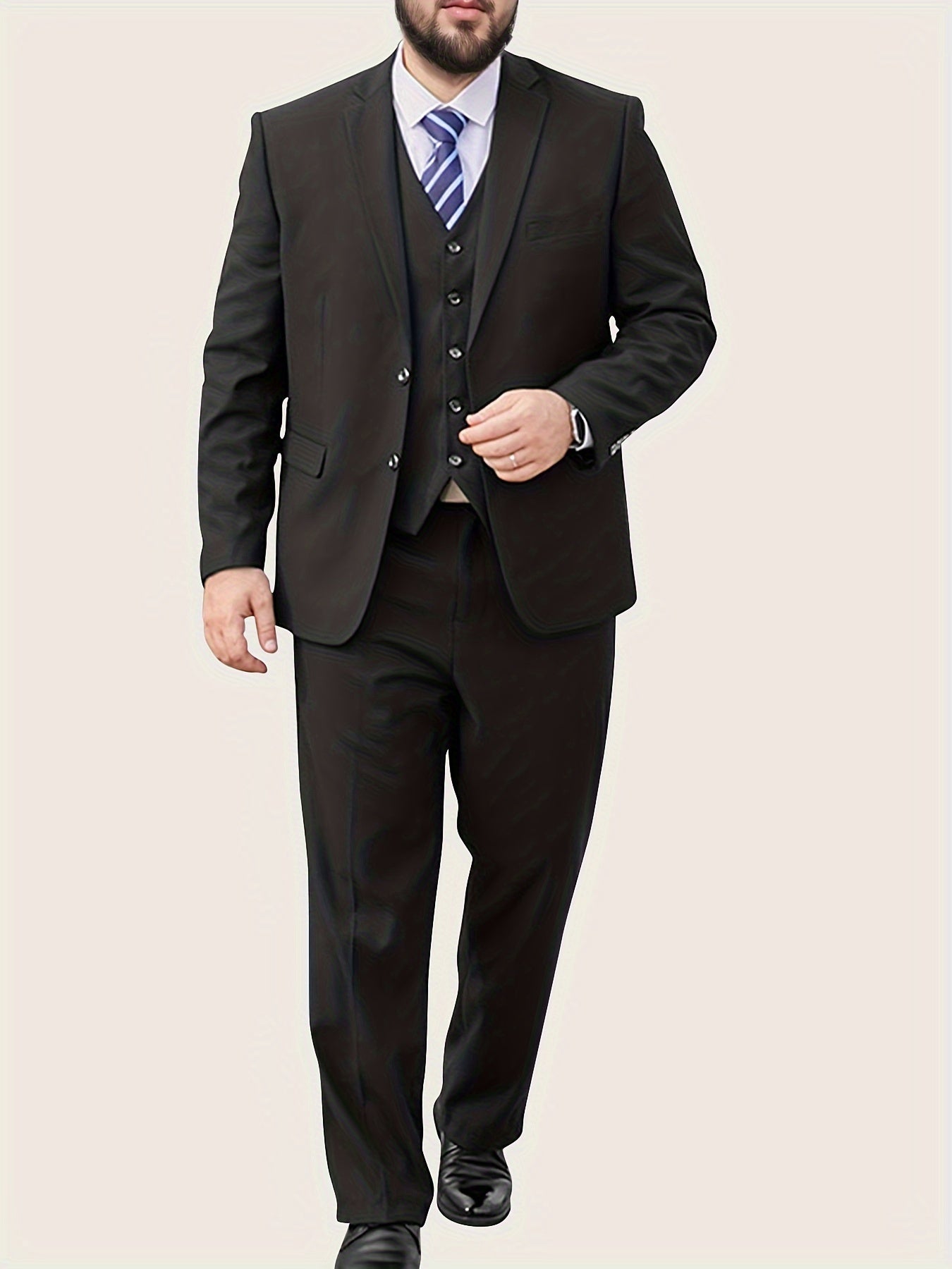 Plus size men's suit set with single breasted blazer, waistcoat, and pants suitable for business and formal occasions.