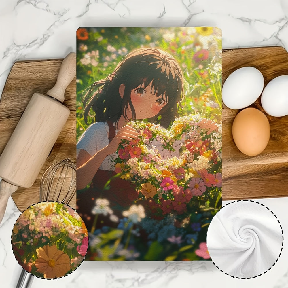 Set of 2 Ultra Soft Kitchen Towels featuring an Anime Girl creating a heart-shaped wreath with freshly picked flowers in a sunlit meadow. These dish hand towels are highly absorbent and perfect for holiday decor. Machine washable and measuring 16x24