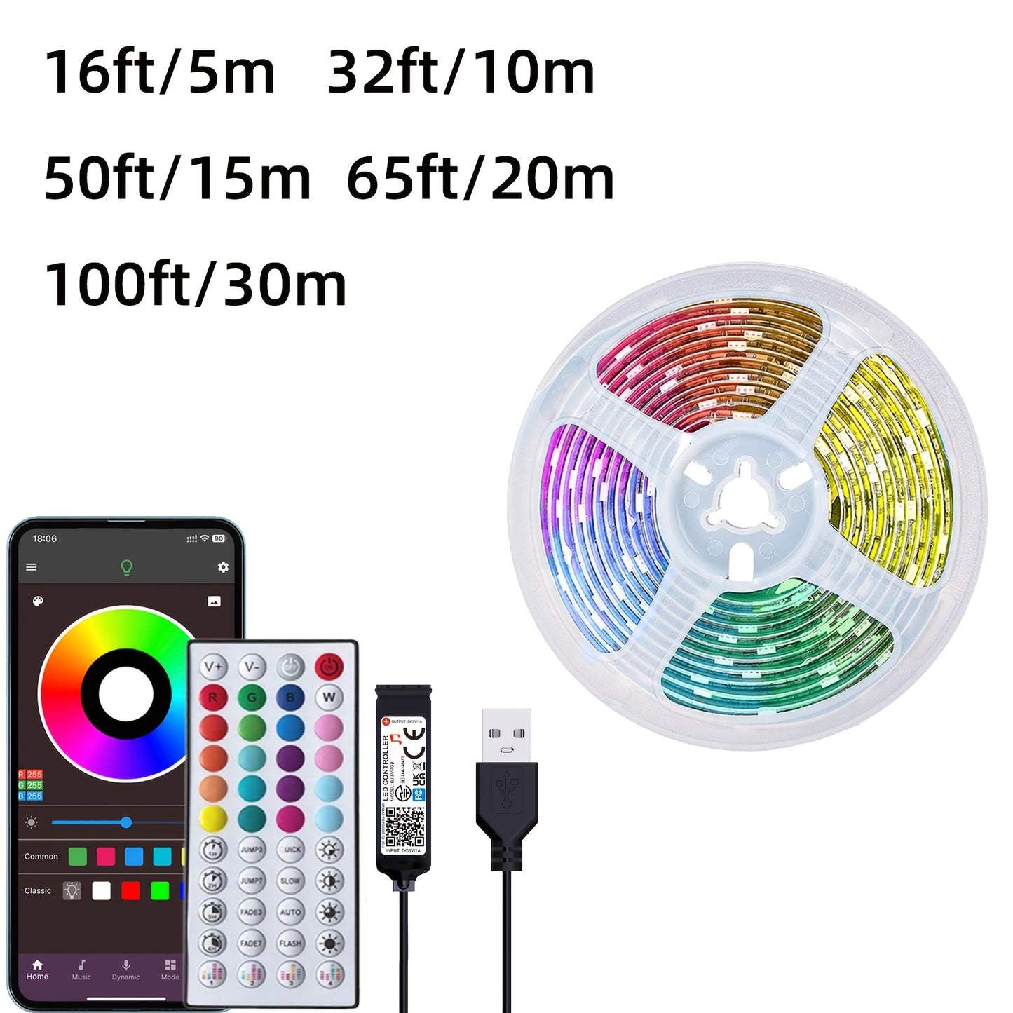 4.88-30.48m LED strip lights with remote and app control, timer, adjustable brightness, Music Sync for various room decoration and Valentine's Day ambiance.