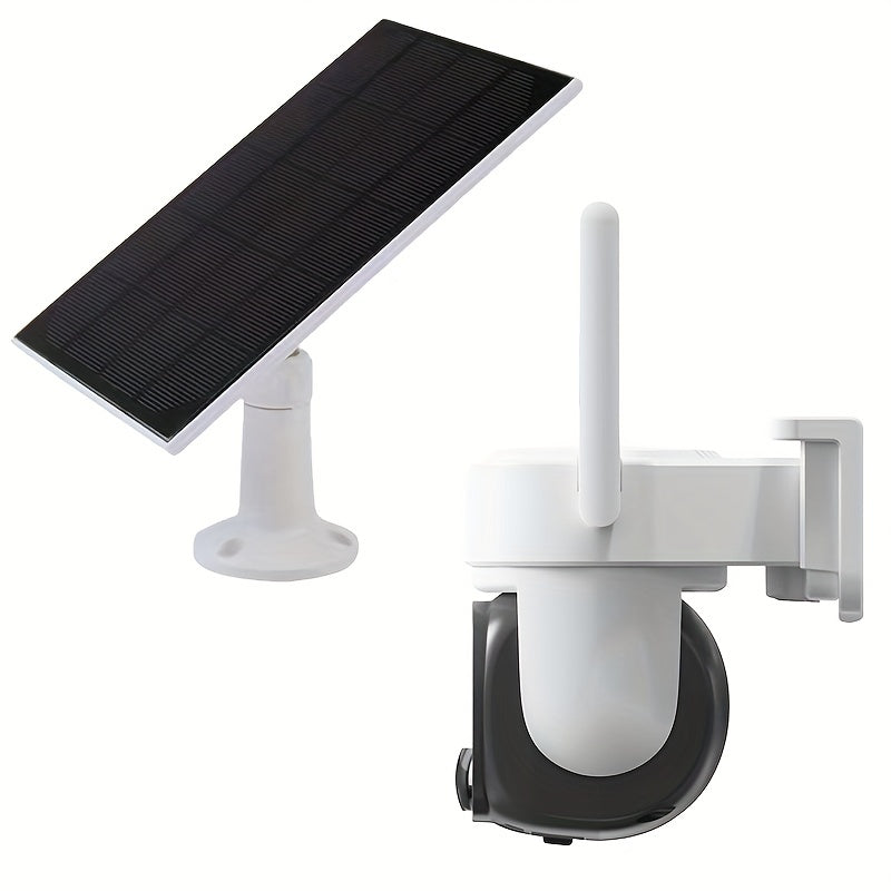 Solar-powered wireless outdoor security camera with pan-tilt 360° view, 3MP resolution, two-way talk, cloud/SD storage, color night vision, spotlight, siren, motion detection, and