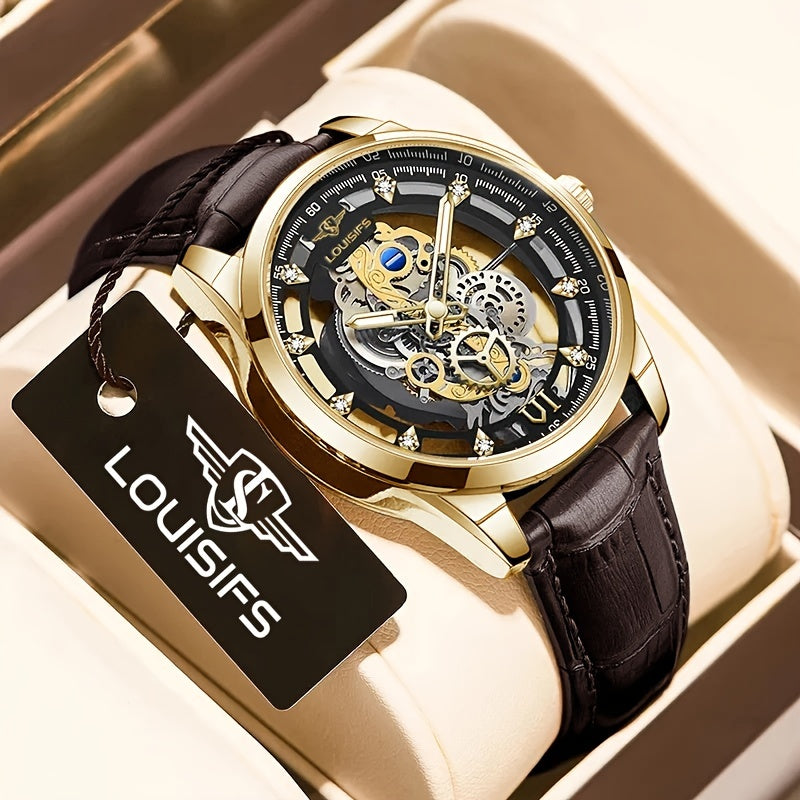 A new men's watch with transparent double-sided design, PU leather strap, luminous hands, and quartz movement.