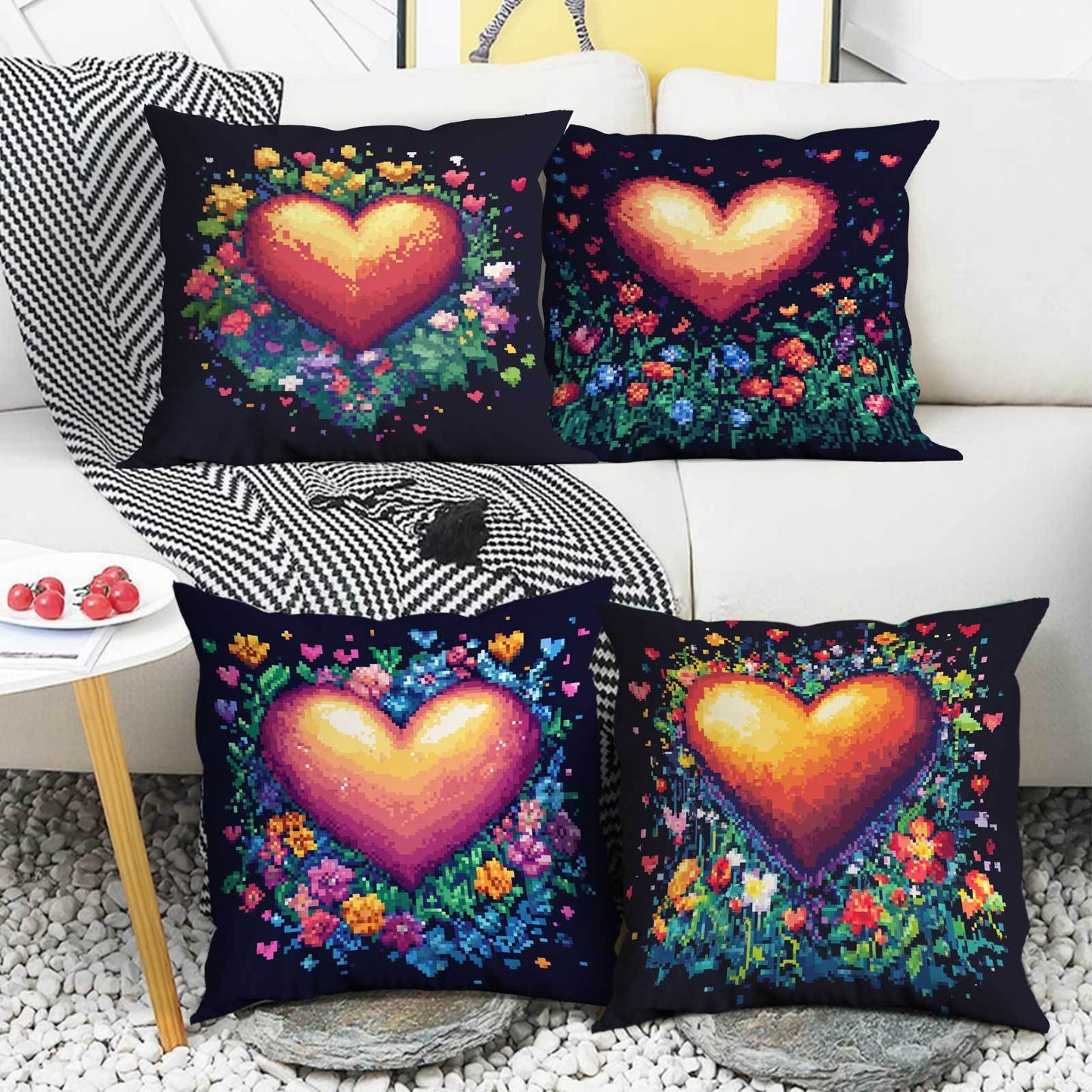 Set of 4 Heart & Butterfly Throw Pillow Covers - Soft, with Zipper Closure, Easy to Clean in Washing Machine, Perfect for Office, Bedroom, Balcony, Car, Sofa, Patio, Decorative Pillows, Floral Design