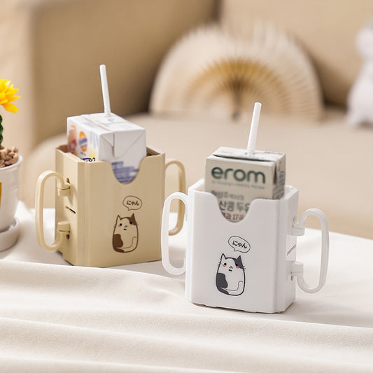 Milk carton holder featuring a cute cat design, made with spill-proof polycarbonate material. This drink support bracket is food contact safe and keeps beverages upright.