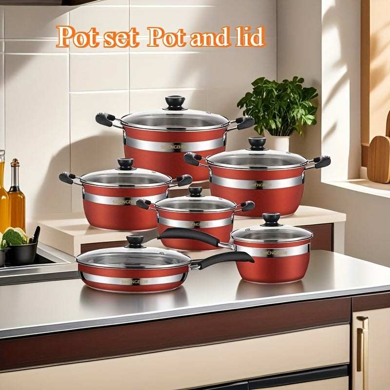 Set of 6: Budget-Friendly Hot Pot and Household Stainless Steel Cookware Set, including Frying Pan, Soup Pot, and Induction Cooker, in Colorful Kitchenware Design.