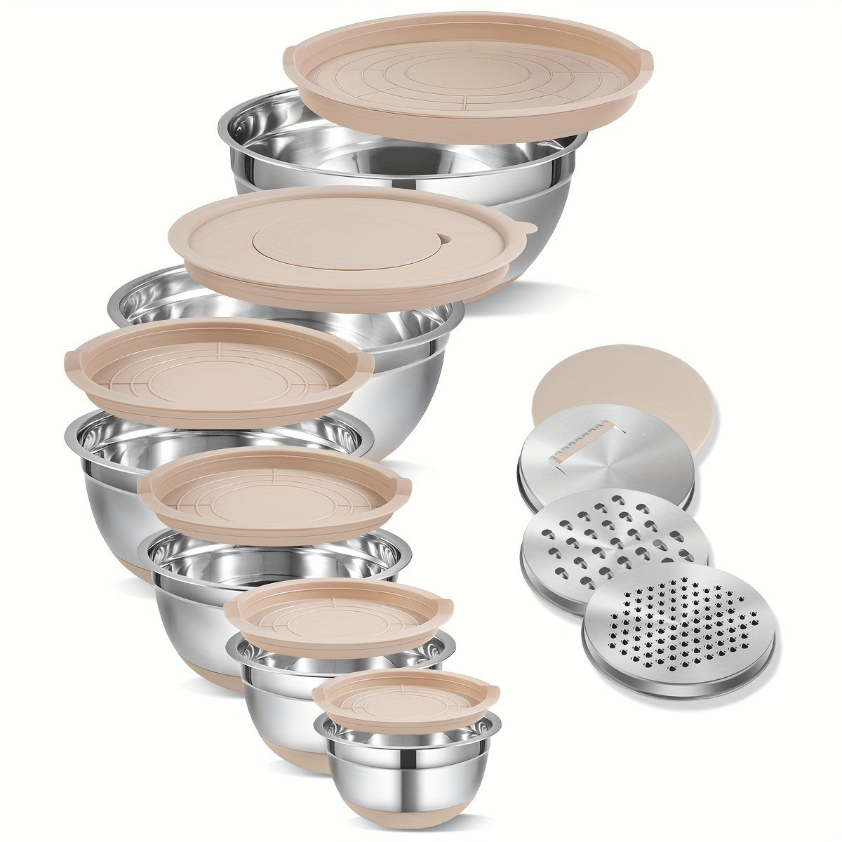 6 Piece Set of Mixing Bowls with Lids and 3 Piece Grater Attachments, Stainless Steel Salad Mixing Bowl Set in Khaki, Includes Sizes 0.95L, 1.4L, 1.9L, 2.4L, 3.2L, and 6.5L - Ideal for Baking and Home Kitchen Use