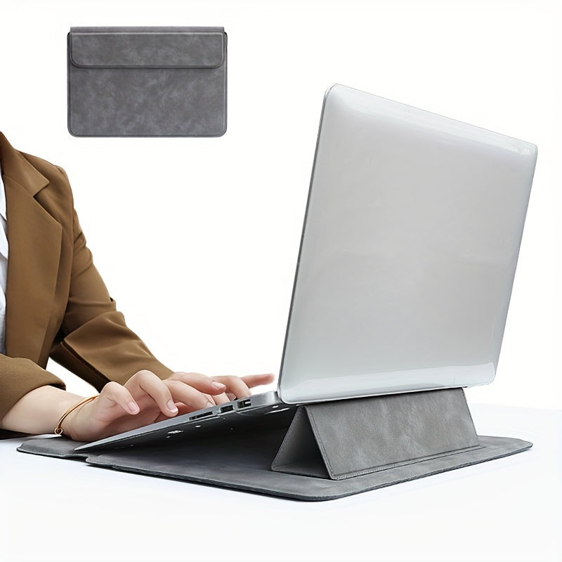 Leather laptop sleeve with stand, ergonomic and water-resistant, fits 13.3, 14.1 inch notebooks - solid pattern.