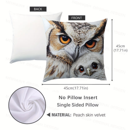 Adorable owl illustration throw pillow cover, 44.96x44.96cm, perfect for living room and bedroom. Machine washable polyester with zip closure. Insert not included.