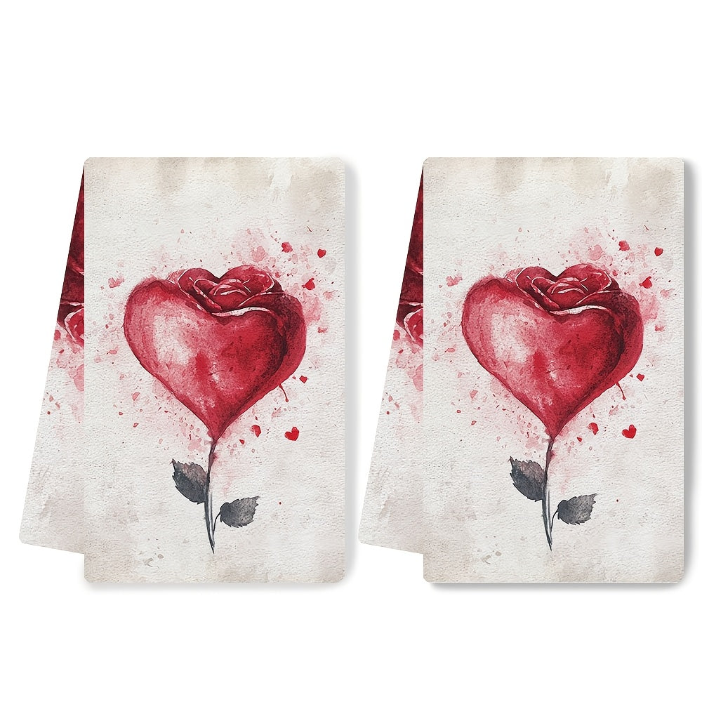 Valentine's Day-themed Kitchen Towels - Set of 2, Ultra Soft with Heart & Rose Design, Highly Absorbent, Machine Washable, 40.64x60.96 cm - Ideal for Romantic Home Decor and Dish Drying.