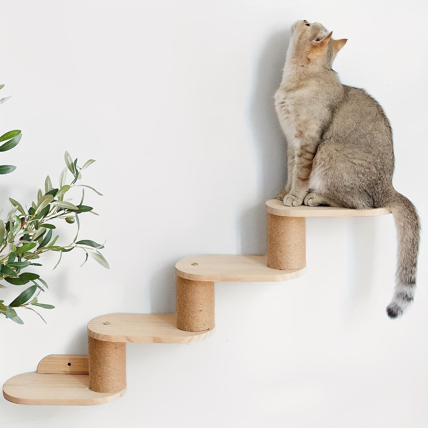 Rustic solid wood cat climbing shelves with sisal-covered posts for indoor cats.