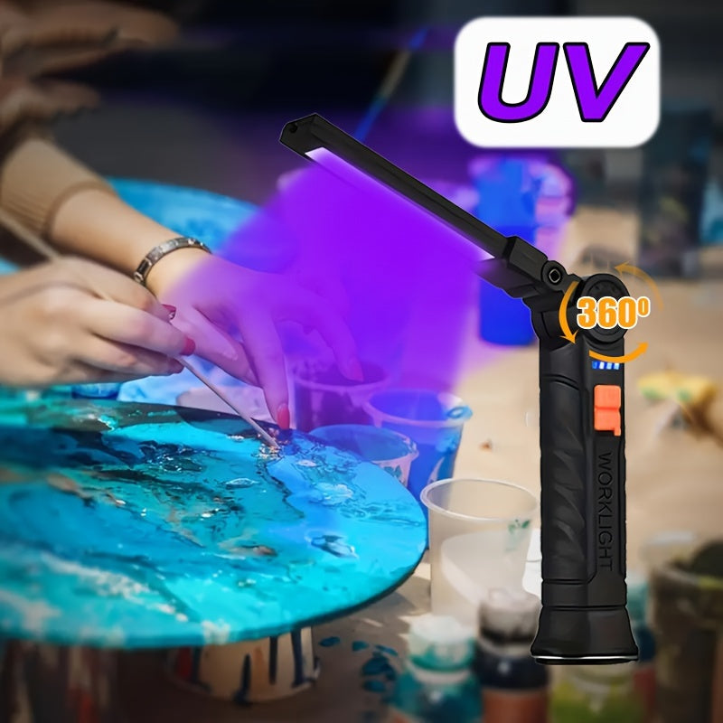 Rechargeable LED UV flashlight with magnetic base for multiple uses such as jewelry making and pet stain detection.