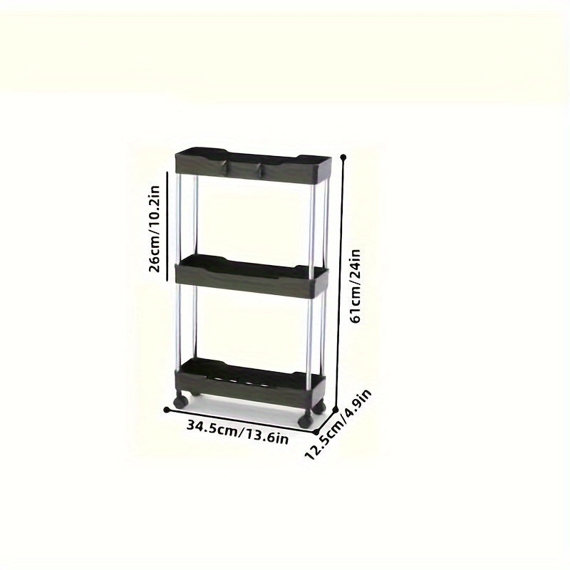 2-tier rolling storage cart in black stainless steel with wooden accents. Ideal for kitchen and bathroom organization. Floor-mounted with sliding shelves. Perfect for bottles, jars, and essentials. Great for bathroom storage and utility racks.