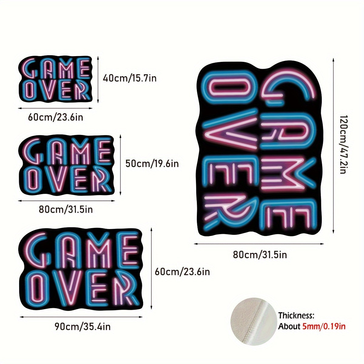 3D Fluorescent Lettering Area Rug with "Game Over" Design - Plush, Anti-Slip, Machine Washable Rug for Living Room, Bedroom, or Game Room - Illuminating Decorative Floor Mat