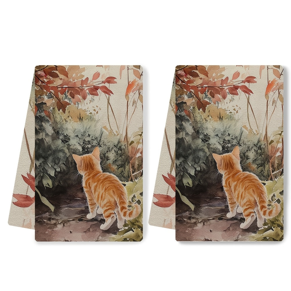 Set of 2 Ultra Soft Kitchen Towels featuring "Curious Kitten in Garden" Design. These towels are highly absorbent, machine washable, and have a contemporary style. Each towel measures 40.64x60.96 cm, perfect for use as dish hand towels.