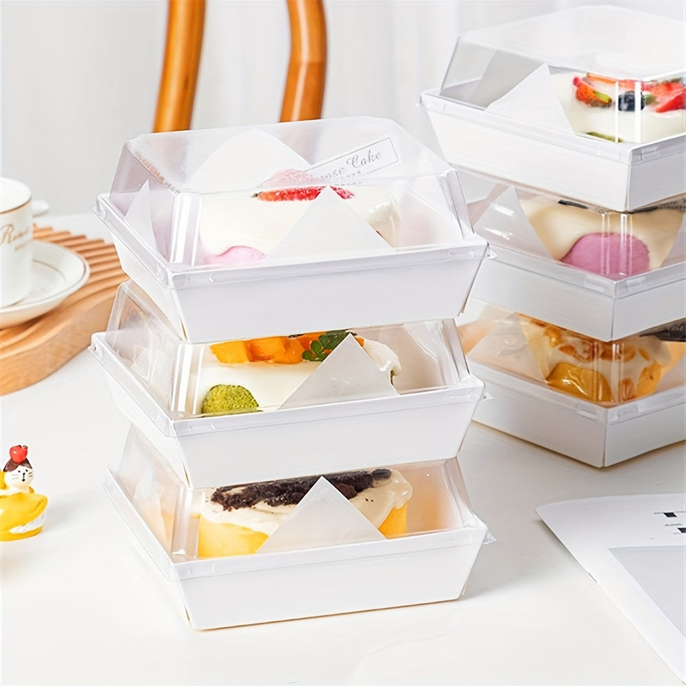 50 pieces of paper charcuterie boxes with clear secure lids, square dessert containers in pink bakery boxes ideal for storing strawberries, cookies, cake slices, brownies, and cinnamon rolls. These kitchen accessories are perfect for baking supplies