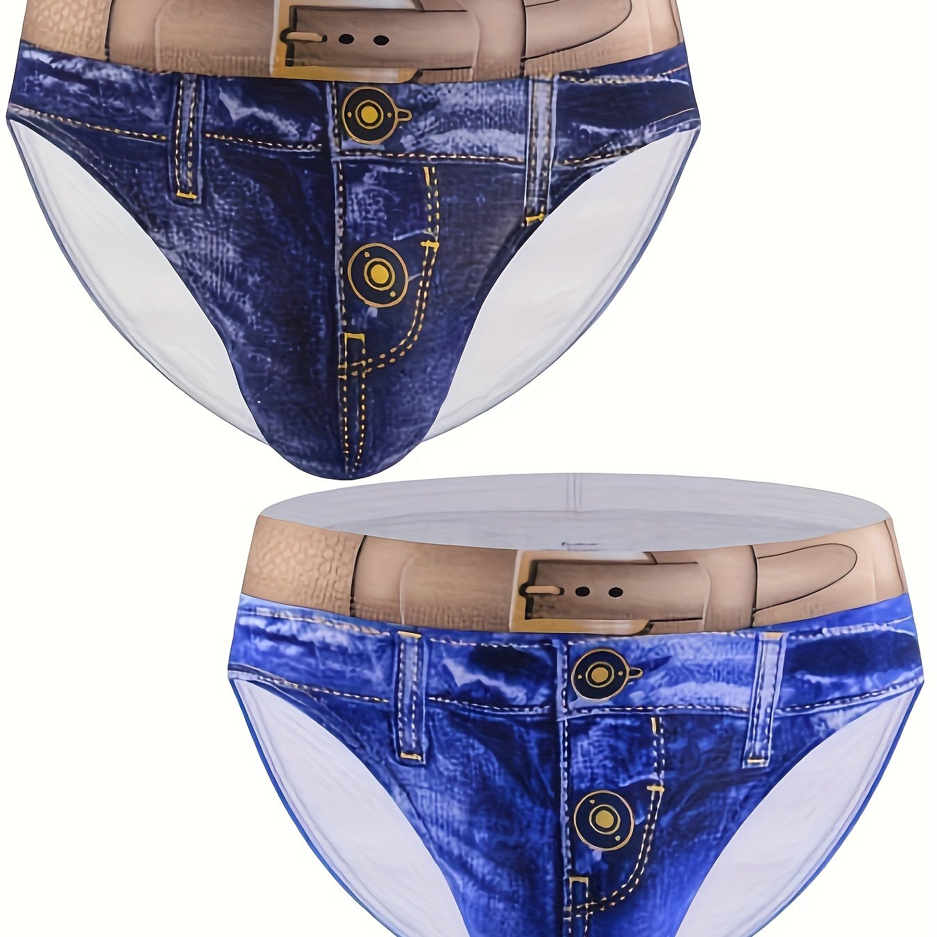 Men's fashion cotton 3D denim boxer briefs with belt print, breathable and stylish underwear.