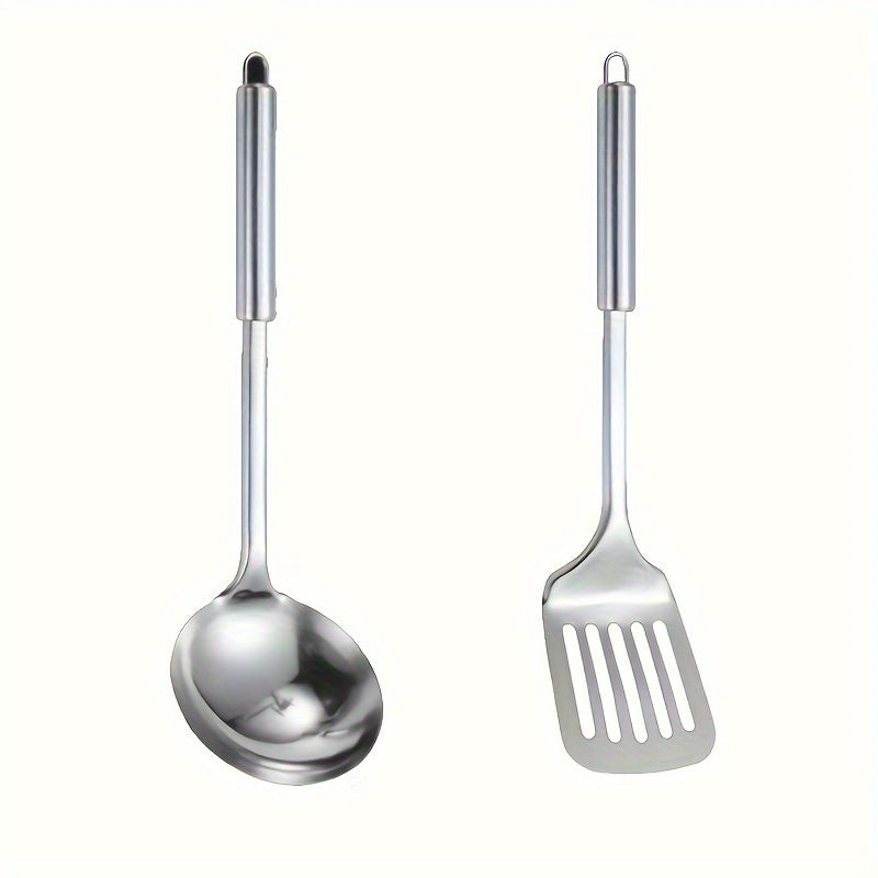 Set of stainless steel cookware and kitchen utensils, including a spatula, soup ladle, strainer spoon, Turner, and rice spoon. Durable and versatile cooking tools that do not require electricity for food preparation.